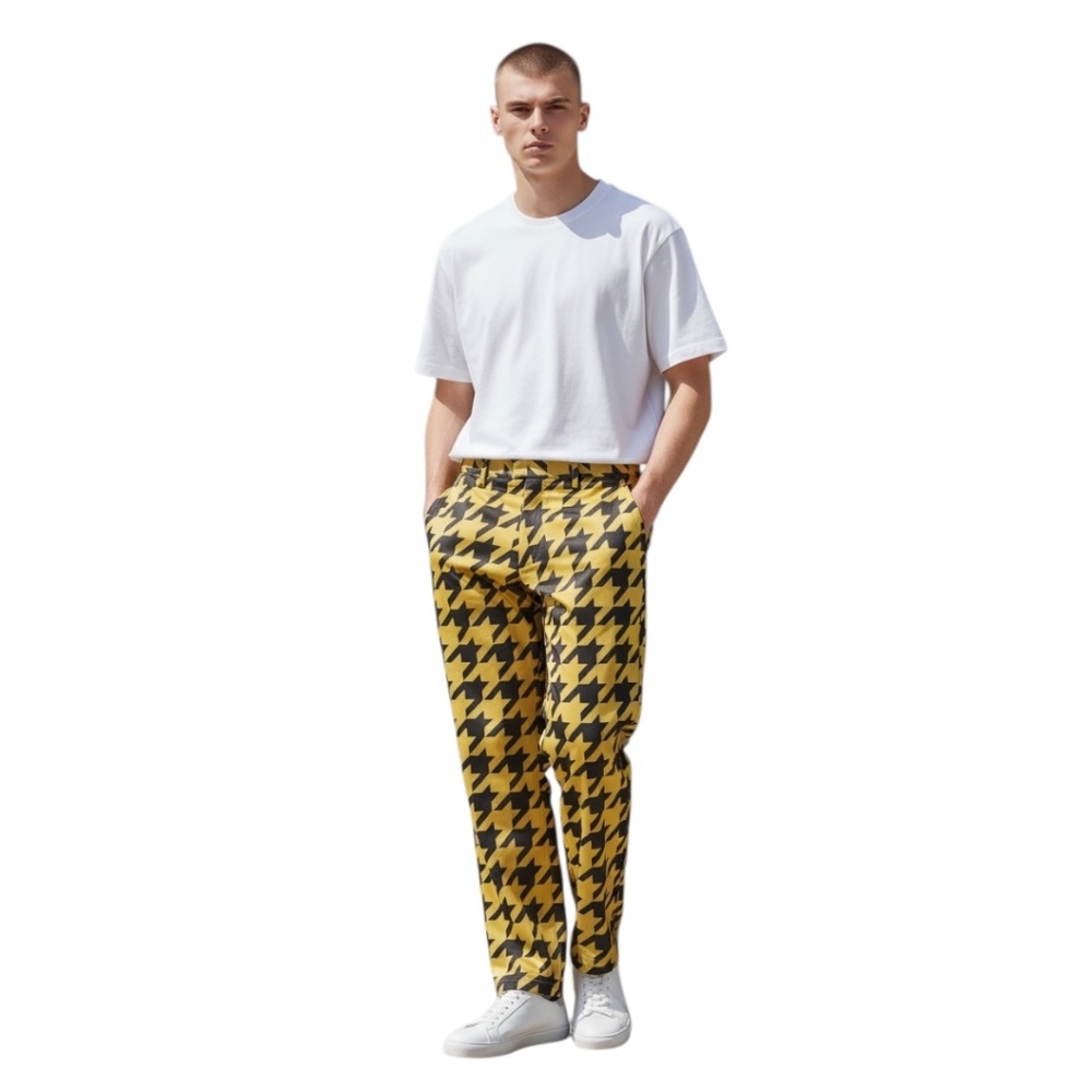 NWT Loudmouth Men's Flat Front Golf Pants Yellow/Black Jumbo Houndstooth • 38x32